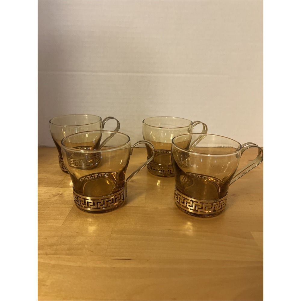 Libbey Amber Glass cups with removable brass-tone "Greek Key" metal holders and